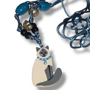Vintage Siamese Cat Pendant Necklace Hand Painted Folk Art Blue Cord Kitty